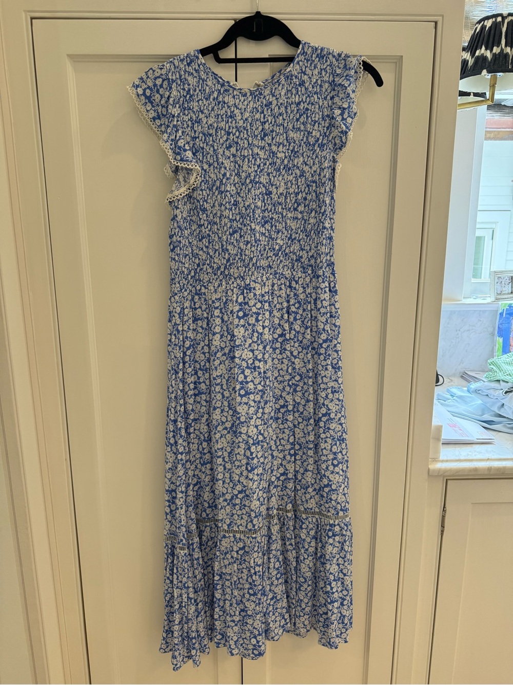 Lost + Wander Blue and White Floral Maxi Dress with Ruffle Trim